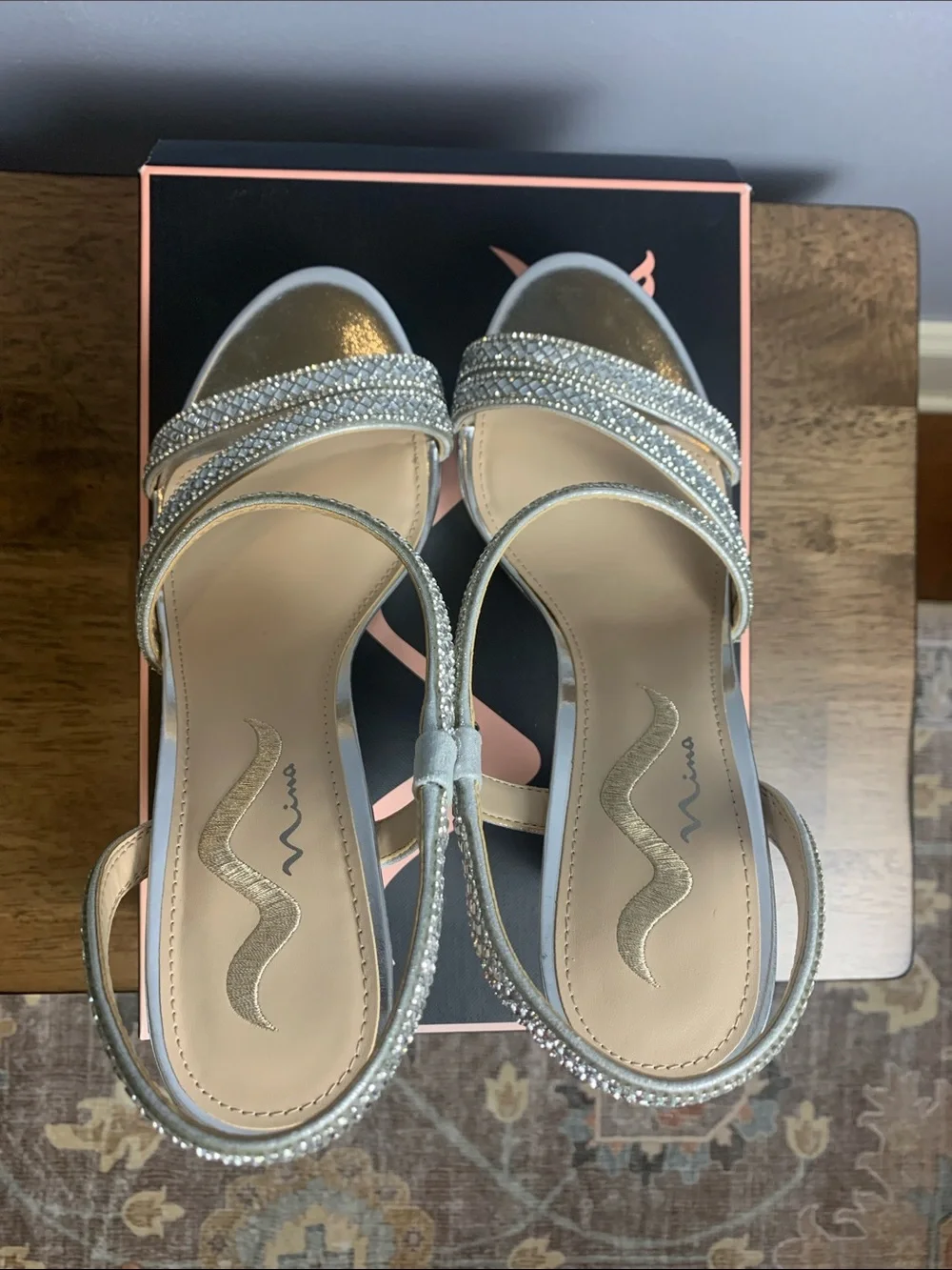 Nina Women’s Platform Silver with Rhinestones Sandals 9M NIB Heel Strap Slip on